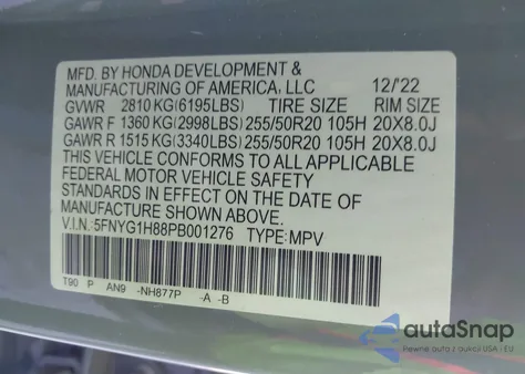 2023 Honda Pilot Awd Elite z USA, uszkodzony, nr VIN 5FNYG1H88PB001276